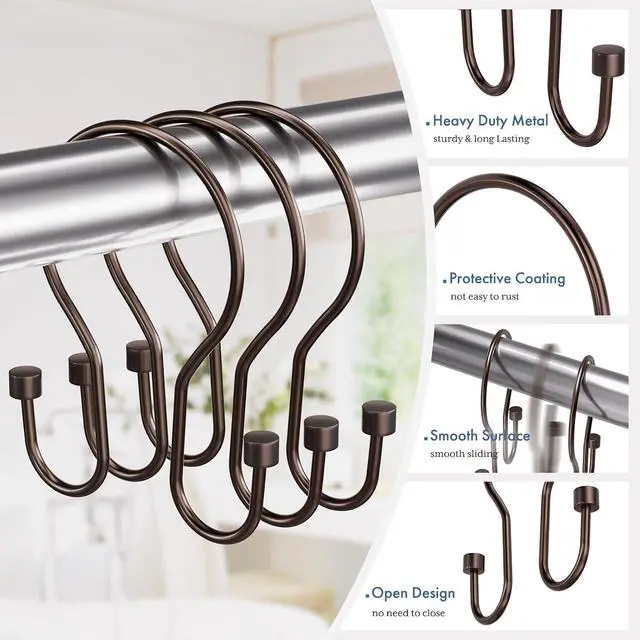 Alt view image 2 of 7 - Bathway Shower Curtain Hooks Dark Gold Shower Curtain Rings with Cylindrical Design, 12Pcs Metal Shower Curtain Hooks Rust Proof, Smooth Glide Double Shower Hooks Rings for Shower Curtain