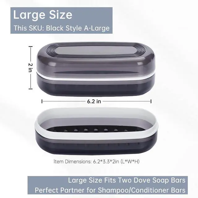 Alt view image 3 of 7 - Travel Case for Kitsch Shampoo bar, Shampoo Bar Holder, Travel Soap Container, Large Soap Box, Soap Dish with Draining Layer, Case for Bathroom (Black, 1 Pack)