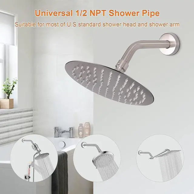Alt view image 4 of 7 - Shower Arm with Flange and Teflon Tape, Wall Mounted Shower Pipe 304 Stainless Steel Extension Arm for Fixed Shower Head & Handheld (6 Inch, Brushed Nickel)