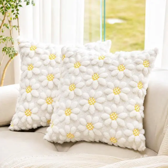 Main image of Spring Summer Pillow Covers 18x18 inch, Set of 2 Soft Faux Fur Jacquard Yellow Color Flower Heart Sunflower Throw Pillow Cases for Sofa Couch Holiday Spring Home Decor