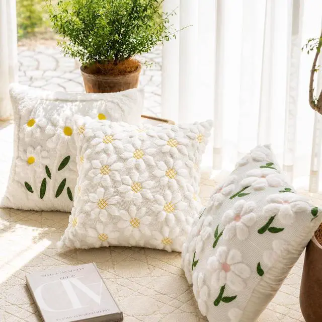Alt view image 2 of 7 - Spring Summer Pillow Covers 18x18 inch, Set of 2 Soft Faux Fur Jacquard Yellow Color Flower Heart Sunflower Throw Pillow Cases for Sofa Couch Holiday Spring Home Decor