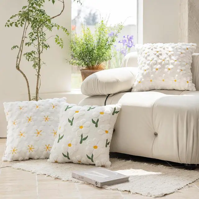 Alt view image 5 of 7 - Spring Summer Pillow Covers 18x18 inch, Set of 2 Soft Faux Fur Jacquard Yellow Color Flower Heart Sunflower Throw Pillow Cases for Sofa Couch Holiday Spring Home Decor