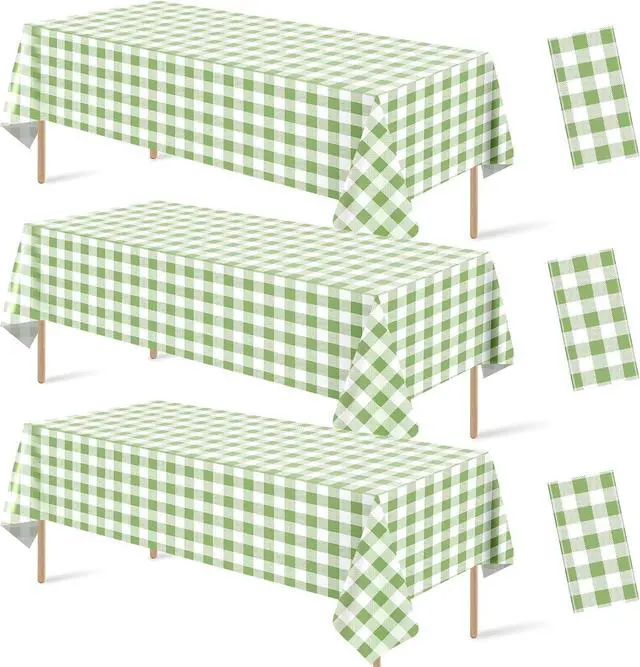 Main image of Hallswl 3pcs 54X108inch Sage Green Plastic Gingham Tablecloth | Green White Checkered Tablecloths Plaid Disposable Table Covers for Birthday Baby Shower Bridal Wedding Party Decorations