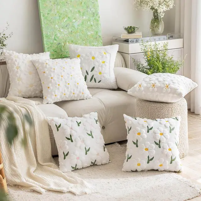 Alt view image 6 of 7 - Spring Summer Pillow Covers 18x18 inch, Set of 2 Soft Faux Fur Jacquard Yellow Color Flower Heart Sunflower Throw Pillow Cases for Sofa Couch Holiday Spring Home Decor