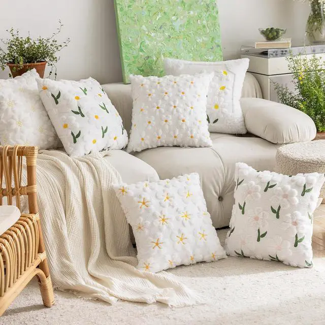 Alt view image 7 of 7 - Spring Summer Pillow Covers 18x18 inch, Set of 2 Soft Faux Fur Jacquard Yellow Color Flower Heart Sunflower Throw Pillow Cases for Sofa Couch Holiday Spring Home Decor