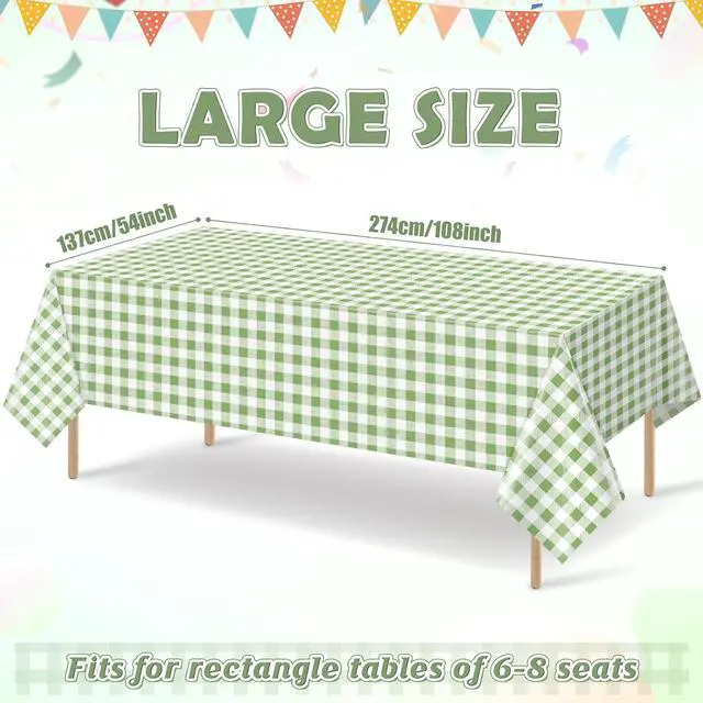 Alt view image 2 of 7 - Hallswl 3pcs 54X108inch Sage Green Plastic Gingham Tablecloth | Green White Checkered Tablecloths Plaid Disposable Table Covers for Birthday Baby Shower Bridal Wedding Party Decorations