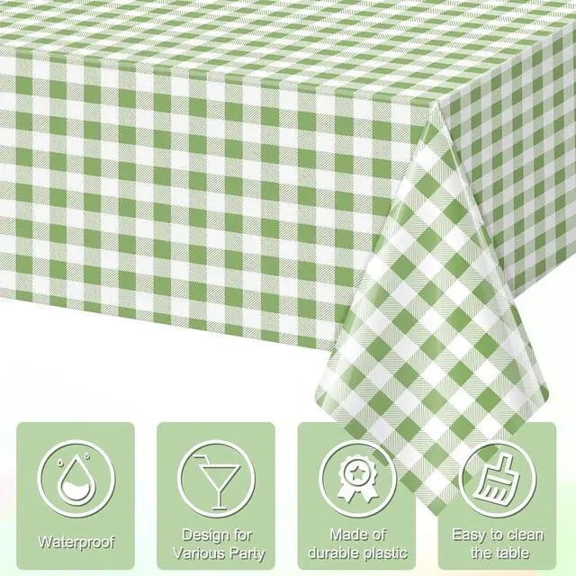 Alt view image 3 of 7 - Hallswl 3pcs 54X108inch Sage Green Plastic Gingham Tablecloth | Green White Checkered Tablecloths Plaid Disposable Table Covers for Birthday Baby Shower Bridal Wedding Party Decorations
