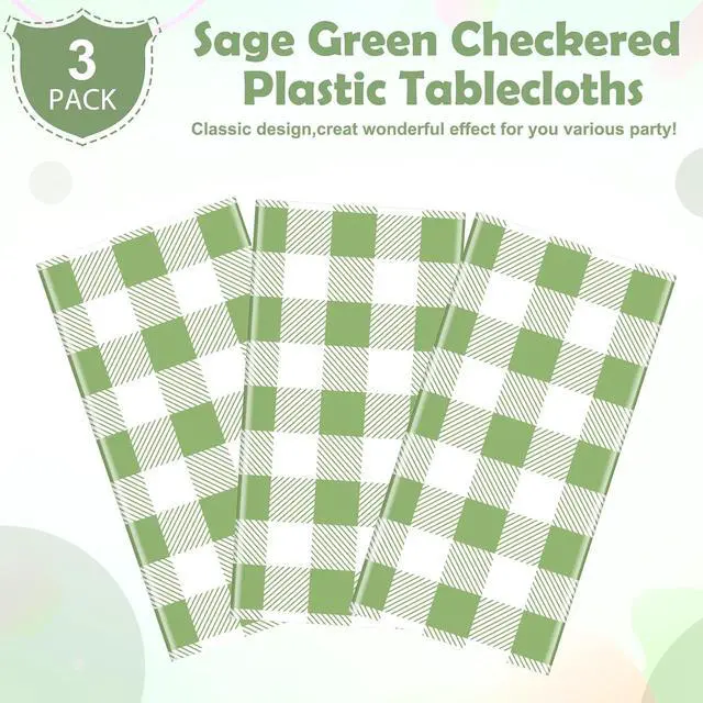 Alt view image 4 of 7 - Hallswl 3pcs 54X108inch Sage Green Plastic Gingham Tablecloth | Green White Checkered Tablecloths Plaid Disposable Table Covers for Birthday Baby Shower Bridal Wedding Party Decorations