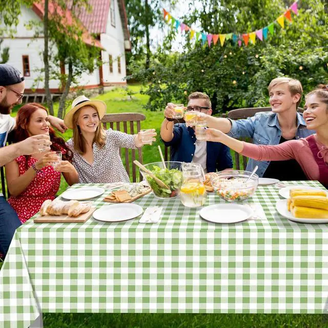 Alt view image 6 of 7 - Hallswl 3pcs 54X108inch Sage Green Plastic Gingham Tablecloth | Green White Checkered Tablecloths Plaid Disposable Table Covers for Birthday Baby Shower Bridal Wedding Party Decorations