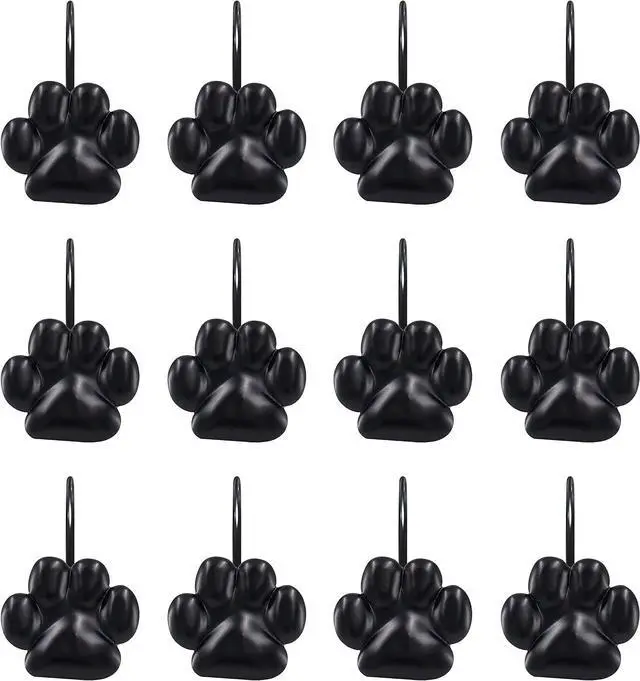 Main image of Sunlit Fashion Design Cute Paw Print Polished Shower Curtain Hooks for Dog Cat and Bear, Rust Proof Oil Metal Shower Curtain Rings, Black-12 Pack