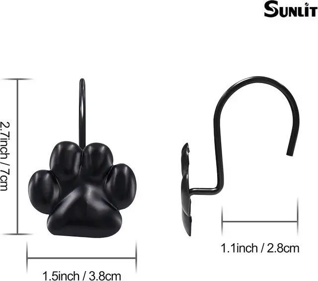 Alt view image 2 of 6 - Sunlit Fashion Design Cute Paw Print Polished Shower Curtain Hooks for Dog Cat and Bear, Rust Proof Oil Metal Shower Curtain Rings, Black-12 Pack