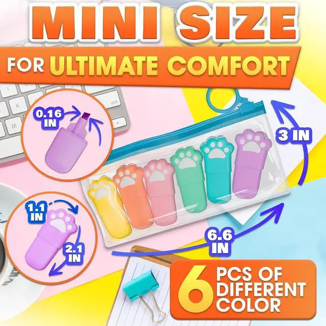 Alt view image 2 of 6 - Mini Highlighters Set of 6, Pastel, Mixed Colors, Cute Cat Paw Design | Cat Highlighters; Angled Tip, Quick-Dry Ink; Note-Taking and Planning; for Planners, Study Notes and Color Coding