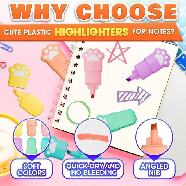 Alt view image 3 of 6 - Mini Highlighters Set of 6, Pastel, Mixed Colors, Cute Cat Paw Design | Cat Highlighters; Angled Tip, Quick-Dry Ink; Note-Taking and Planning; for Planners, Study Notes and Color Coding
