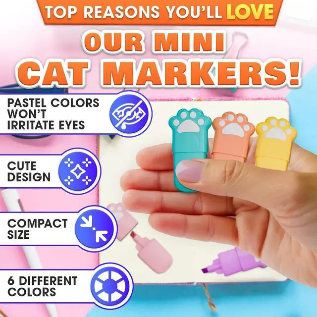 Alt view image 4 of 6 - Mini Highlighters Set of 6, Pastel, Mixed Colors, Cute Cat Paw Design | Cat Highlighters; Angled Tip, Quick-Dry Ink; Note-Taking and Planning; for Planners, Study Notes and Color Coding