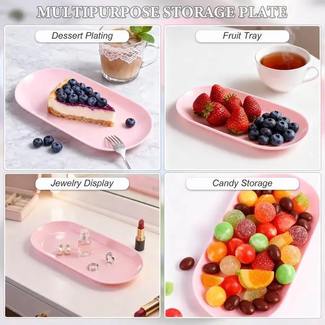 Alt view image 4 of 5 - SUTOKAKA 2 Pack Pink Plastic Jewelry Tray Decorative Dish | Small Oval Candy Dessert Plate, Manicure Tools Placing Supplies for Home Salon Storage