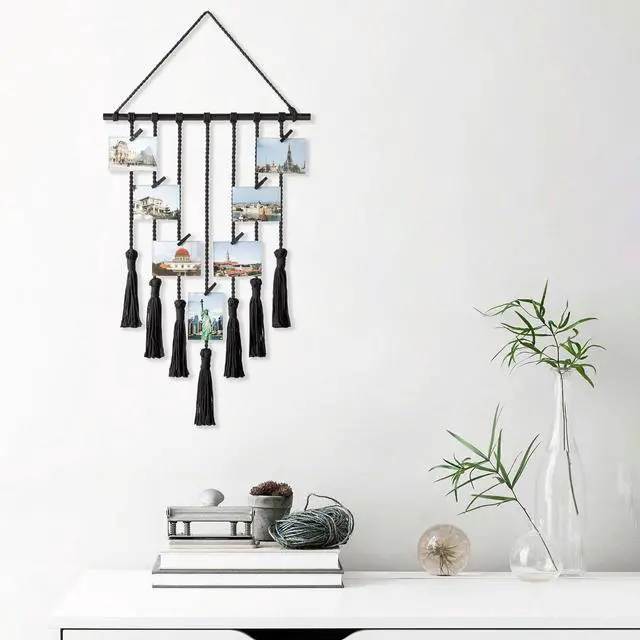 Alt view image 2 of 5 - Mkono Teen Girl Room Decor Boho Macrame Hanging Photo Display, Pictures Cards Holder Wall Art for Bedroom Livingroom Dorm Home Teens Women Christmas Birthday Gift, with 25 Wood Clips, 27" L x 16.5''W