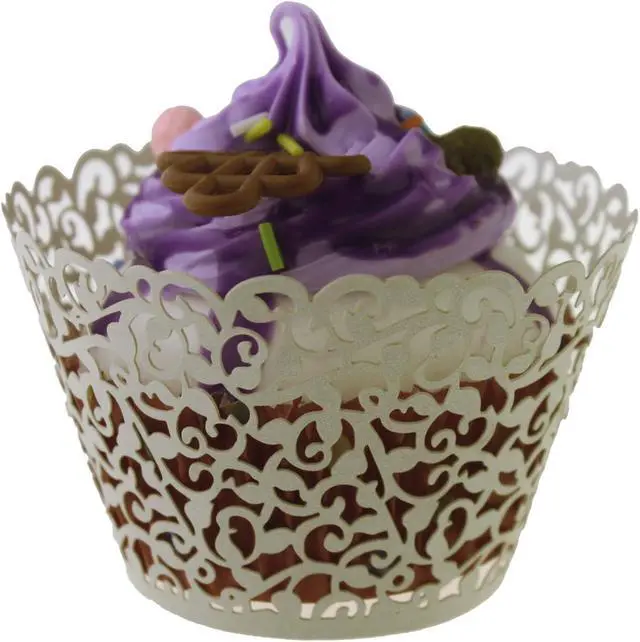 Alt view image 2 of 6 - 100pcs Cupcake Wrappers Artistic Bake Cake Paper Cups Little Vine Lace Laser Cut Liner Baking Cup Muffin Case Trays for Wedding Party Birthday Decoration (Beige)