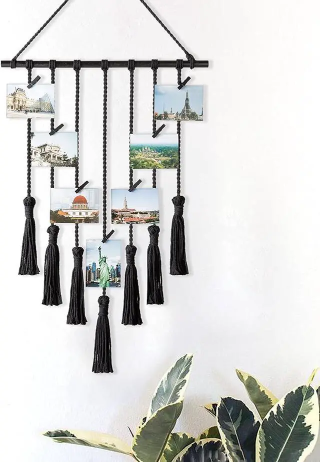 Alt view image 4 of 5 - Mkono Teen Girl Room Decor Boho Macrame Hanging Photo Display, Pictures Cards Holder Wall Art for Bedroom Livingroom Dorm Home Teens Women Christmas Birthday Gift, with 25 Wood Clips, 27" L x 16.5''W