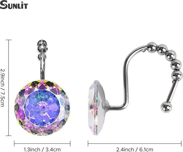 Alt view image 2 of 6 - Sunlit Luxury Design Round Diamond Crystal Gem Bling with Glide Balls Shower Curtain Hooks, Rainbow Colorful Rust Proof Metal Rhinestones Mermaid Shower Curtain Rings for Girls-12 Pack