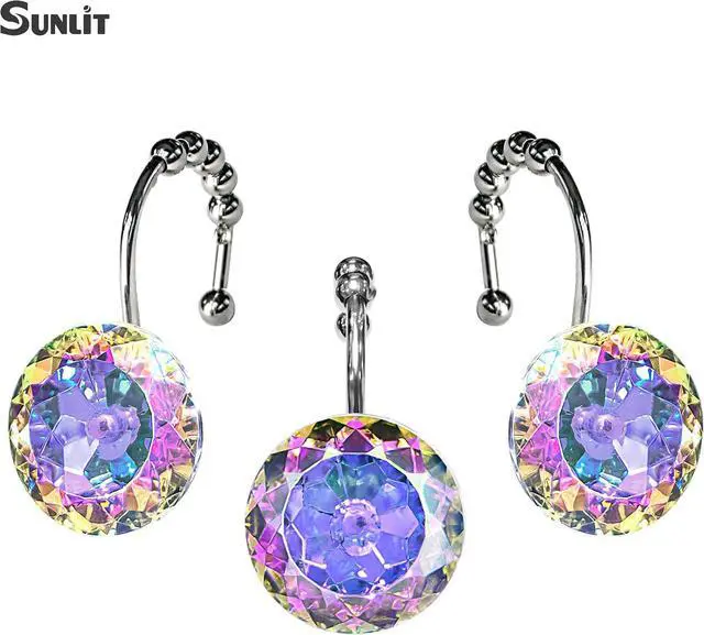 Alt view image 3 of 6 - Sunlit Luxury Design Round Diamond Crystal Gem Bling with Glide Balls Shower Curtain Hooks, Rainbow Colorful Rust Proof Metal Rhinestones Mermaid Shower Curtain Rings for Girls-12 Pack