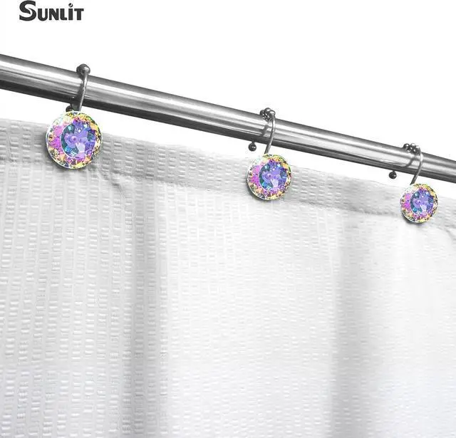 Alt view image 4 of 6 - Sunlit Luxury Design Round Diamond Crystal Gem Bling with Glide Balls Shower Curtain Hooks, Rainbow Colorful Rust Proof Metal Rhinestones Mermaid Shower Curtain Rings for Girls-12 Pack