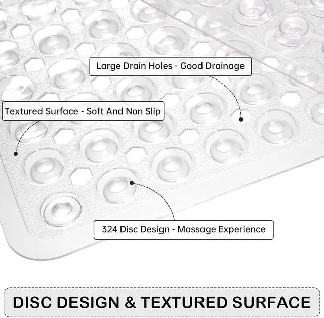 Alt view image 2 of 7 - Non-Slip Bathtub and Shower Mats, Power Grip Bath Mat 35 x 16.3 Inch with Suction Cups and Drain Holes for Tub Bathroom Floor Safety, Machine Washable Soft Bathmat, Clear