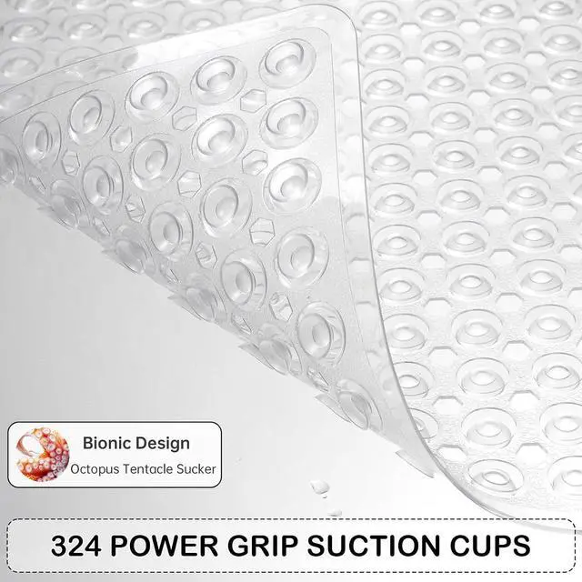 Alt view image 3 of 7 - Non-Slip Bathtub and Shower Mats, Power Grip Bath Mat 35 x 16.3 Inch with Suction Cups and Drain Holes for Tub Bathroom Floor Safety, Machine Washable Soft Bathmat, Clear