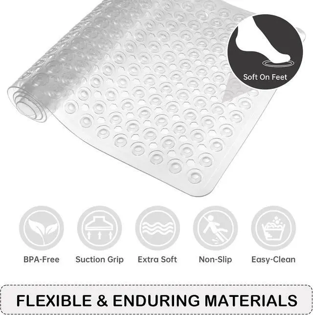 Alt view image 5 of 7 - Non-Slip Bathtub and Shower Mats, Power Grip Bath Mat 35 x 16.3 Inch with Suction Cups and Drain Holes for Tub Bathroom Floor Safety, Machine Washable Soft Bathmat, Clear