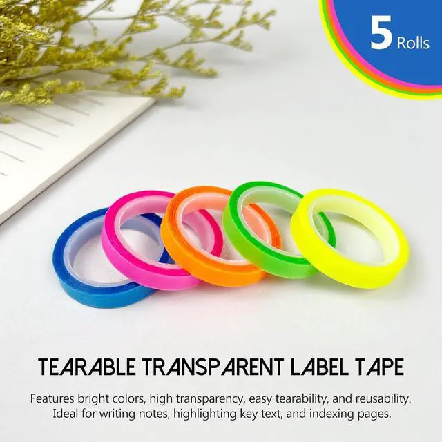 Alt view image 2 of 7 - 5 Rolls Fluorescent Highlighter Tape Transparent Removable Neon Marking Sticker for Books, Notes & Labels Writable PET Annotation Strips for Study, Office & Home