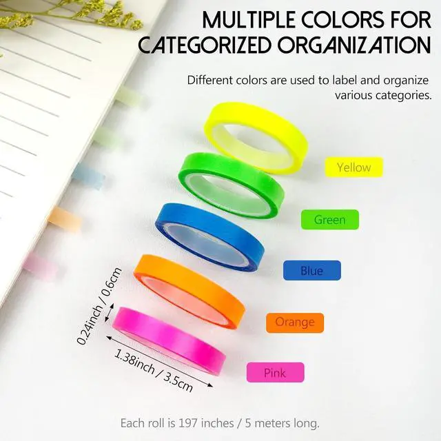 Alt view image 3 of 7 - 5 Rolls Fluorescent Highlighter Tape Transparent Removable Neon Marking Sticker for Books, Notes & Labels Writable PET Annotation Strips for Study, Office & Home
