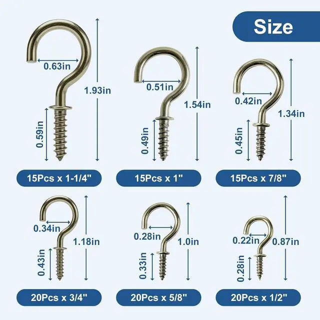 Alt view image 2 of 7 - 105 Pcs Cup Hooks Bronze Screw-in 6 Sizes Metal Ceiling | Bronze-Plated Steel, Self-Tapping, No Pre-Drill, for Plants Mugs Cups String Lights Kitchen Porch Garden, 1/2 to 1-1/4 in