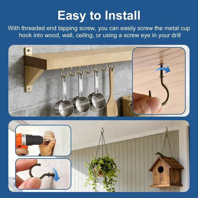 Alt view image 5 of 7 - 105 Pcs Cup Hooks Bronze Screw-in 6 Sizes Metal Ceiling | Bronze-Plated Steel, Self-Tapping, No Pre-Drill, for Plants Mugs Cups String Lights Kitchen Porch Garden, 1/2 to 1-1/4 in