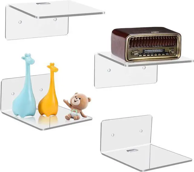 Main image of 4 Pack Small Wall Shelf, 4'' Acrylic Wall Shelves Display Ledges for Storage & Decoration, Small Floating Shelf for Wall with 2 Types of Installation (Adhesive or Screw)