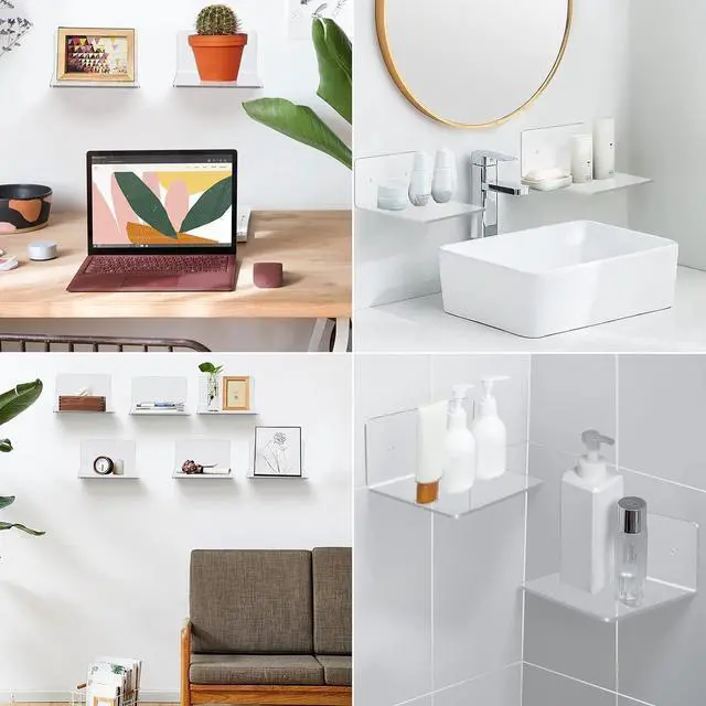 Alt view image 5 of 5 - 4 Pack Small Wall Shelf, 4'' Acrylic Wall Shelves Display Ledges for Storage & Decoration, Small Floating Shelf for Wall with 2 Types of Installation (Adhesive or Screw)