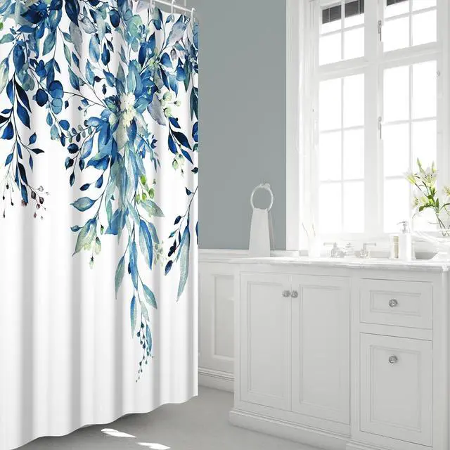 Alt view image 6 of 7 - Yeele Blue Leaves Long Fabric Shower Curtain Watercolor Floral Leaf Wide Bath Curtain Farmhouse Plant Wildflower Stall Size Shower Curtains for Bathroom Decor Waterproof with Hooks 60x72 Inch