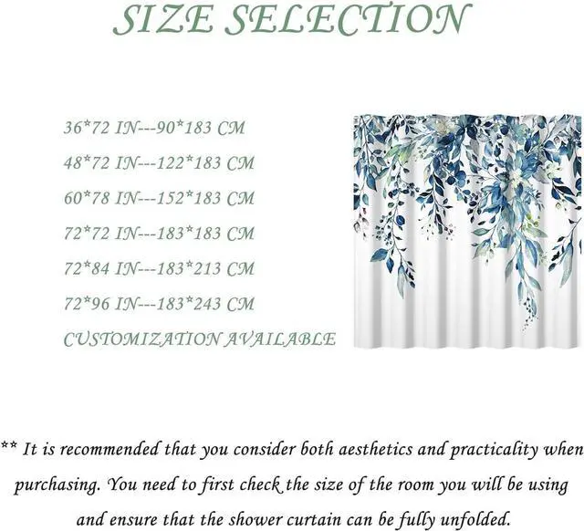 Alt view image 7 of 7 - Yeele Blue Leaves Long Fabric Shower Curtain Watercolor Floral Leaf Wide Bath Curtain Farmhouse Plant Wildflower Stall Size Shower Curtains for Bathroom Decor Waterproof with Hooks 60x72 Inch