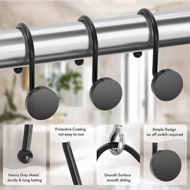 Alt view image 5 of 7 - AmazerBath Shower Curtain Hooks, Shower Curtain Rings Heavy Duty Modern Decorative Black Shower Curtain Hooks Rust Proof Smooth Glide Shower Hooks for Shower Curtain Liner Shower Rod Hook, 12Pcs