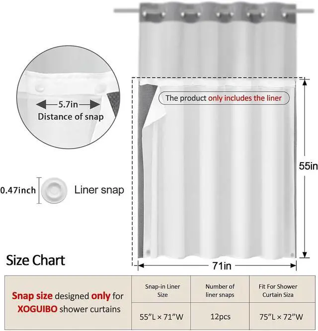 Alt view image 2 of 6 - No Hook Shower Curtain Snap-in Fabric Replacement Liner 71" W x 55" L | Washable Snap in Fabric Liner