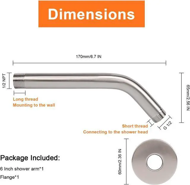 Alt view image 2 of 7 - Shower Arm with Flange and Teflon Tape, Wall Mounted Shower Pipe 304 Stainless Steel Extension Arm for Fixed Shower Head & Handheld (6 Inch, Brushed Nickel)