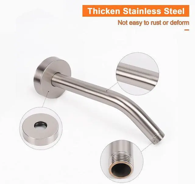Alt view image 3 of 7 - Shower Arm with Flange and Teflon Tape, Wall Mounted Shower Pipe 304 Stainless Steel Extension Arm for Fixed Shower Head & Handheld (6 Inch, Brushed Nickel)