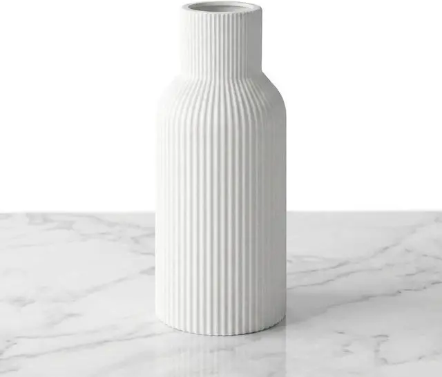 Main image of White Ceramic Vase, Modern Matte Ribbed Flower Vase for Pampas Grass, Fresh & Dried Flowers, Waterproof Decorative Home Decor for Living Room, Coffee Table, Bookshelf & Entryway