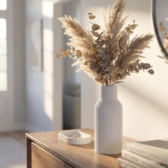 Alt view image 2 of 7 - White Ceramic Vase, Modern Matte Ribbed Flower Vase for Pampas Grass, Fresh & Dried Flowers, Waterproof Decorative Home Decor for Living Room, Coffee Table, Bookshelf & Entryway