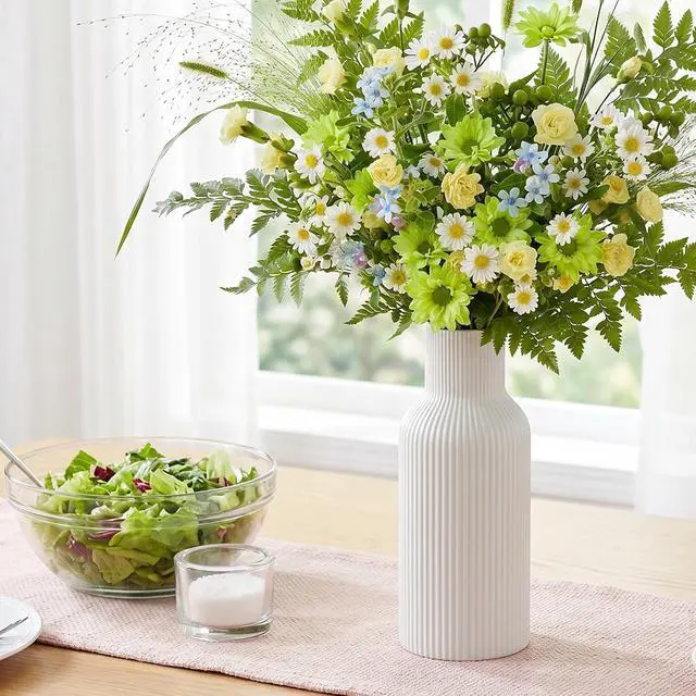 Alt view image 3 of 7 - White Ceramic Vase, Modern Matte Ribbed Flower Vase for Pampas Grass, Fresh & Dried Flowers, Waterproof Decorative Home Decor for Living Room, Coffee Table, Bookshelf & Entryway