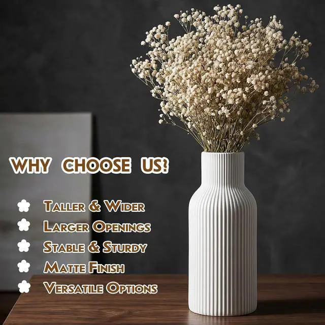 Alt view image 5 of 7 - White Ceramic Vase, Modern Matte Ribbed Flower Vase for Pampas Grass, Fresh & Dried Flowers, Waterproof Decorative Home Decor for Living Room, Coffee Table, Bookshelf & Entryway