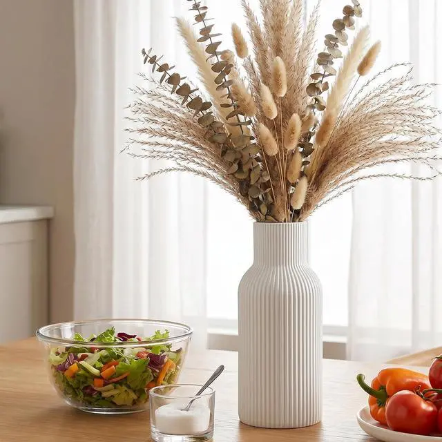 Alt view image 6 of 7 - White Ceramic Vase, Modern Matte Ribbed Flower Vase for Pampas Grass, Fresh & Dried Flowers, Waterproof Decorative Home Decor for Living Room, Coffee Table, Bookshelf & Entryway