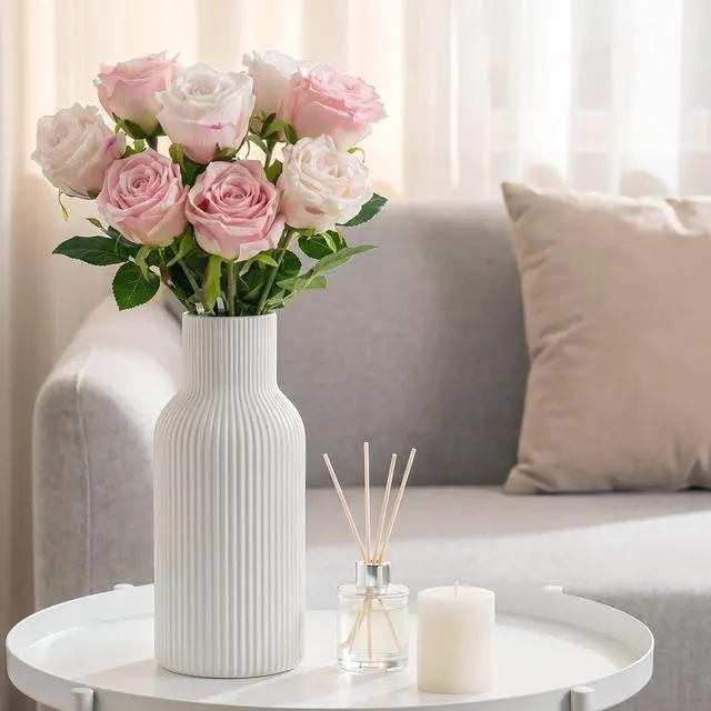Alt view image 7 of 7 - White Ceramic Vase, Modern Matte Ribbed Flower Vase for Pampas Grass, Fresh & Dried Flowers, Waterproof Decorative Home Decor for Living Room, Coffee Table, Bookshelf & Entryway