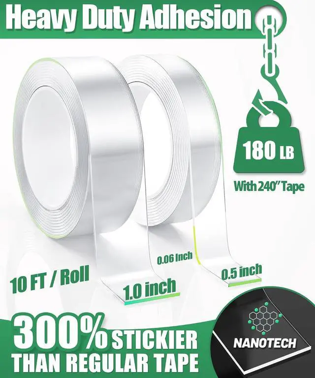 Alt view image 3 of 7 - Double Sided Tape Heavy Duty, 2 Rolls 20 Feet, Clear Nano Mounting Tape | Removable Waterproof Tape for Picture Hanging, Wall Decor, Rugs & Posters, Indoor & Outdoor, 120" Each, 1.0" & 0.5" Wide