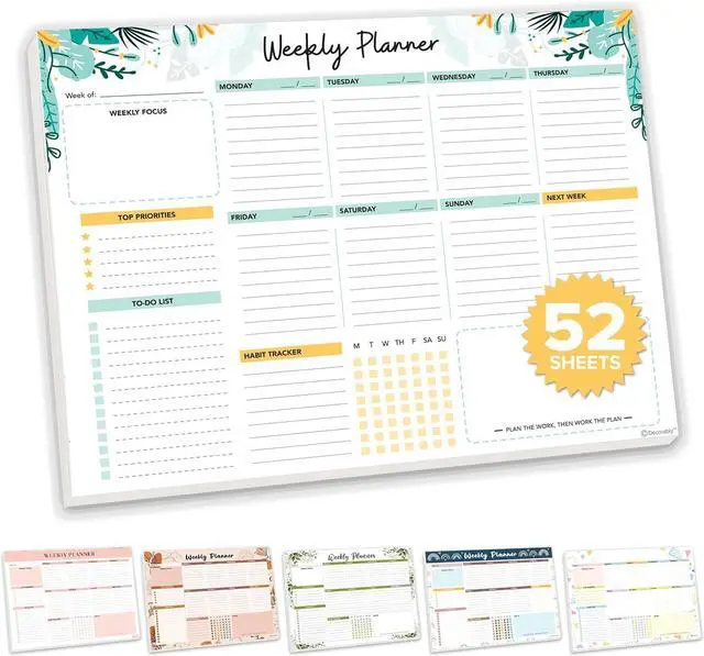 Main image of Decorably 52 Sheets Mint Green Undated Weekly Planner Notepad | 11x8.5in Mint Green Weekly Tear-Off Desk Planner Pad - Spring-Bound with Priorities, Habit Tracker, Focus & Notes