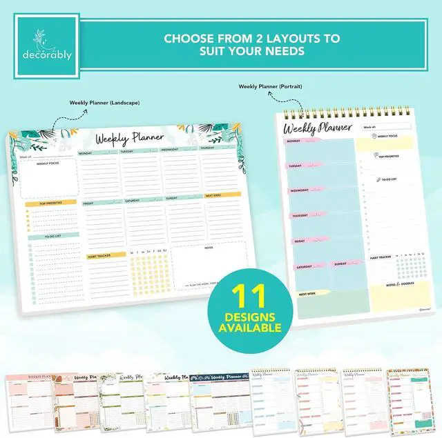 Alt view image 2 of 6 - Decorably 52 Sheets Mint Green Undated Weekly Planner Notepad | 11x8.5in Mint Green Weekly Tear-Off Desk Planner Pad - Spring-Bound with Priorities, Habit Tracker, Focus & Notes