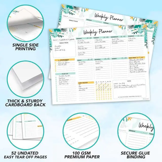 Alt view image 4 of 6 - Decorably 52 Sheets Mint Green Undated Weekly Planner Notepad | 11x8.5in Mint Green Weekly Tear-Off Desk Planner Pad - Spring-Bound with Priorities, Habit Tracker, Focus & Notes